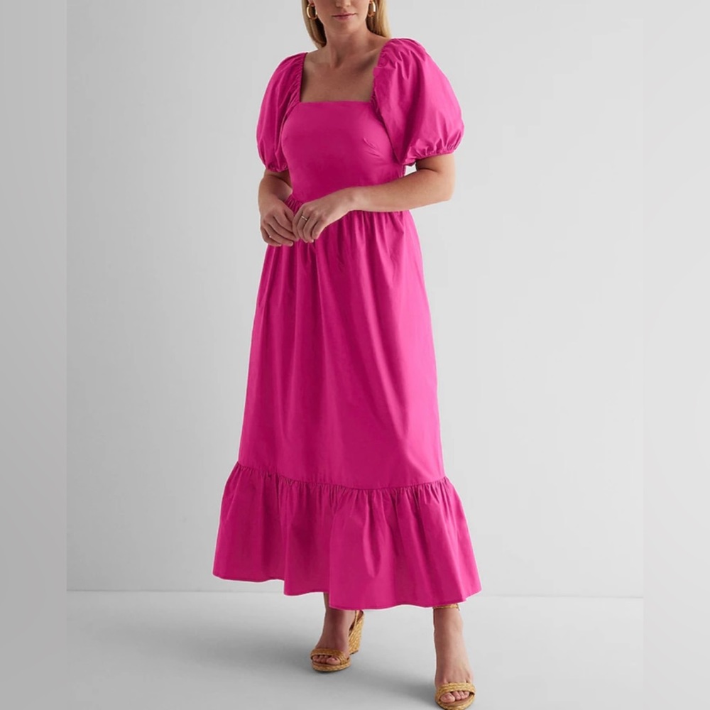 Square Neck Puff Sleeve Tiered Poplin Midi Dress